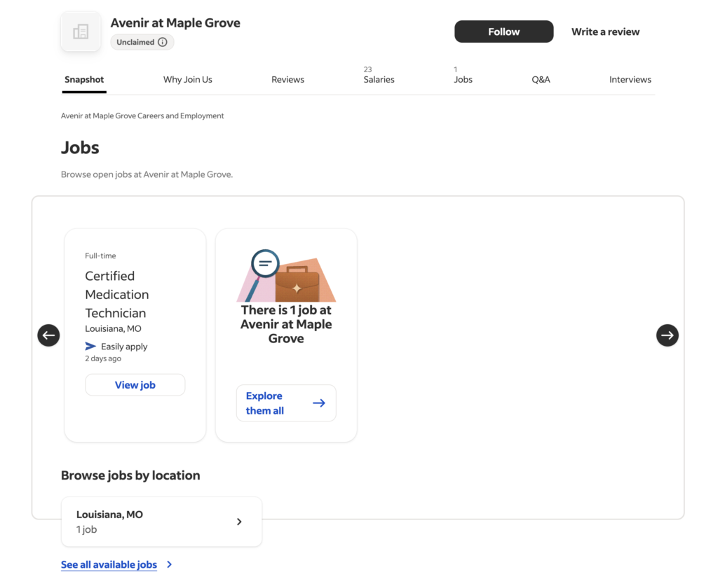 indeed page screenshot of career opportunities at Avenir at Maple Grove